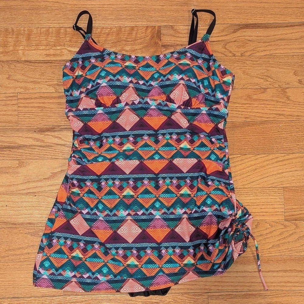 Boho Aztec Tummy‎ Control Swim Dress One Piece Size 16 Tribal Resort Swimwear